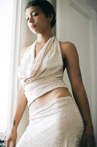 Gold Sequin Plunging Cowl Neck Top