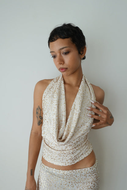 Gold Sequin Plunging Cowl Neck Top