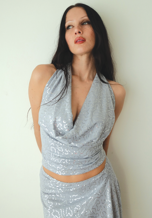 Silver Sequin Plunging Cowl Neck Top