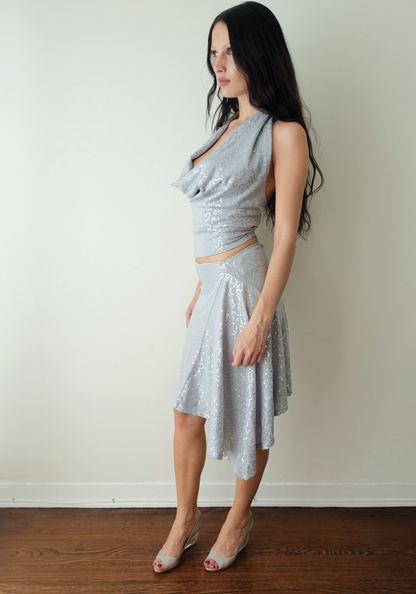 Asymmetric Stretch Cotton Midi Skirt