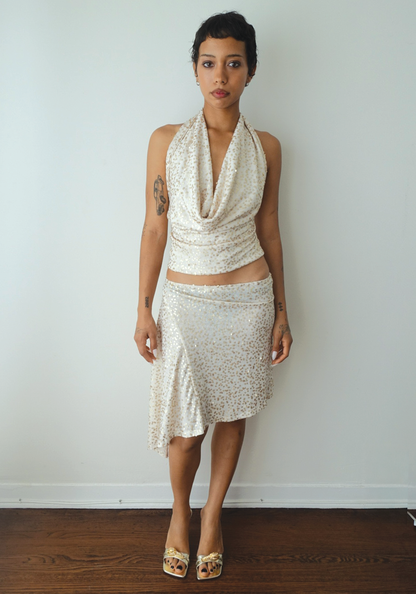 Gold Sequin Plunging Cowl Neck Top