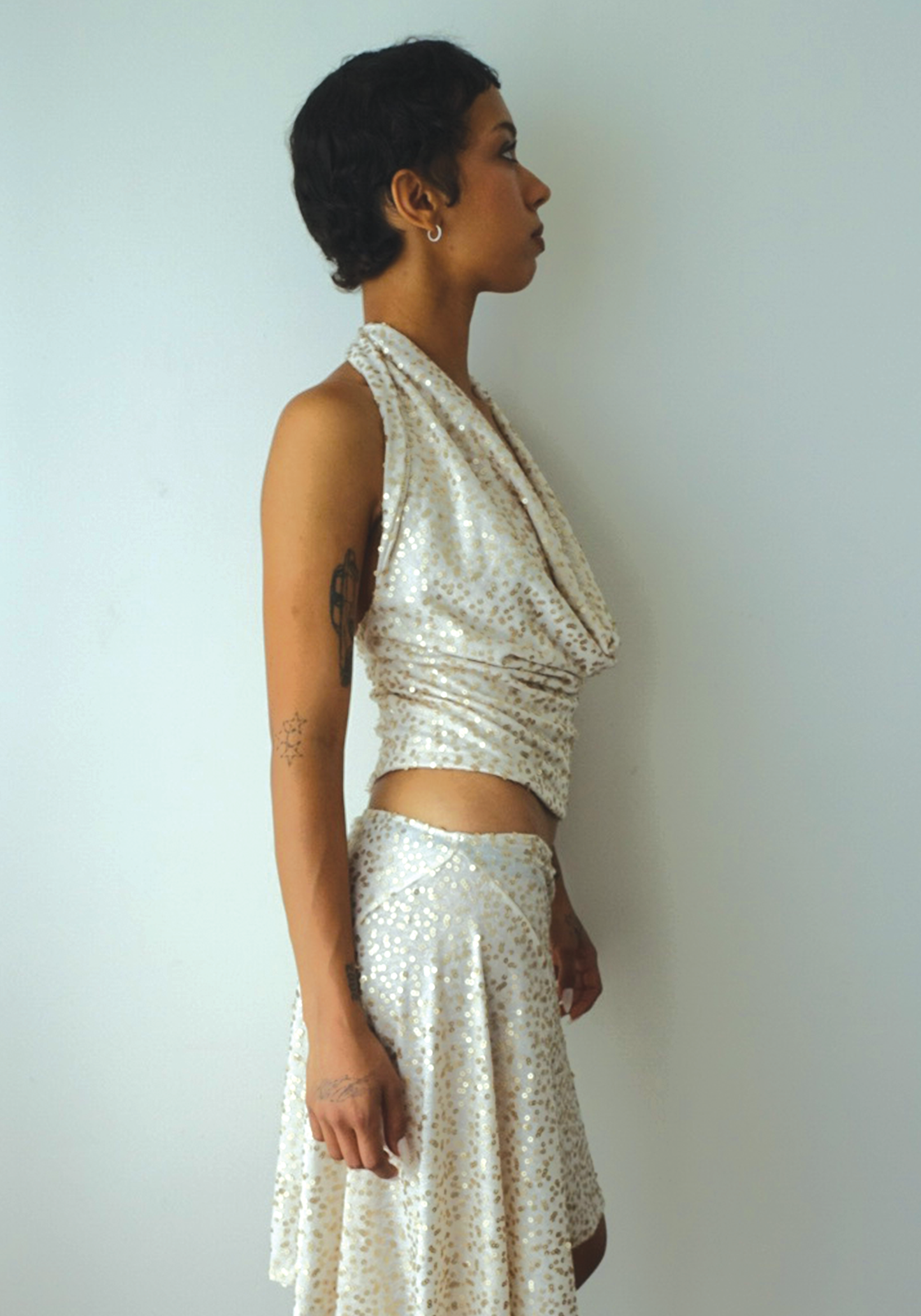Gold Sequin Plunging Cowl Neck Top